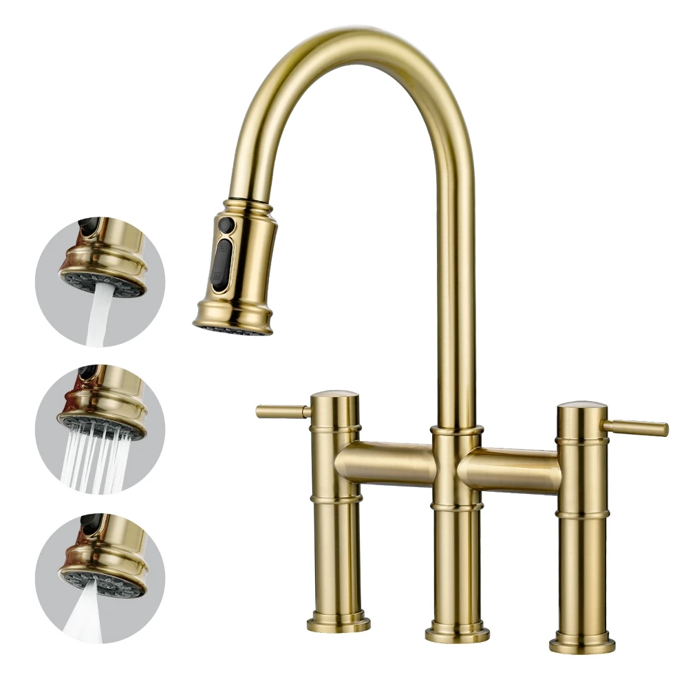 

Brushed Gold Bridge Kitchen Faucet with Pull Down Sprayer, Brass Kitchen Sink Faucet 3 Hole Mixer Taps with 360° Swivel