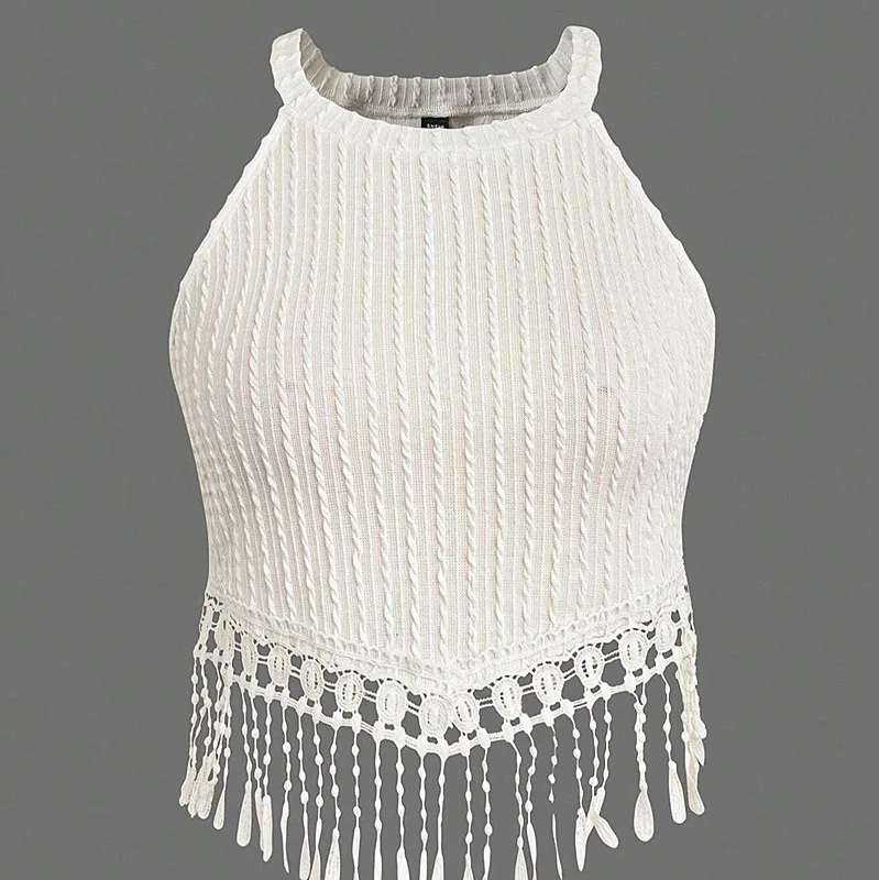 

Women Halter Strap Tassel Lace Hole Slim Crop Sexy Casual Tops Tees Bra Knit Knited Shirt Shirts