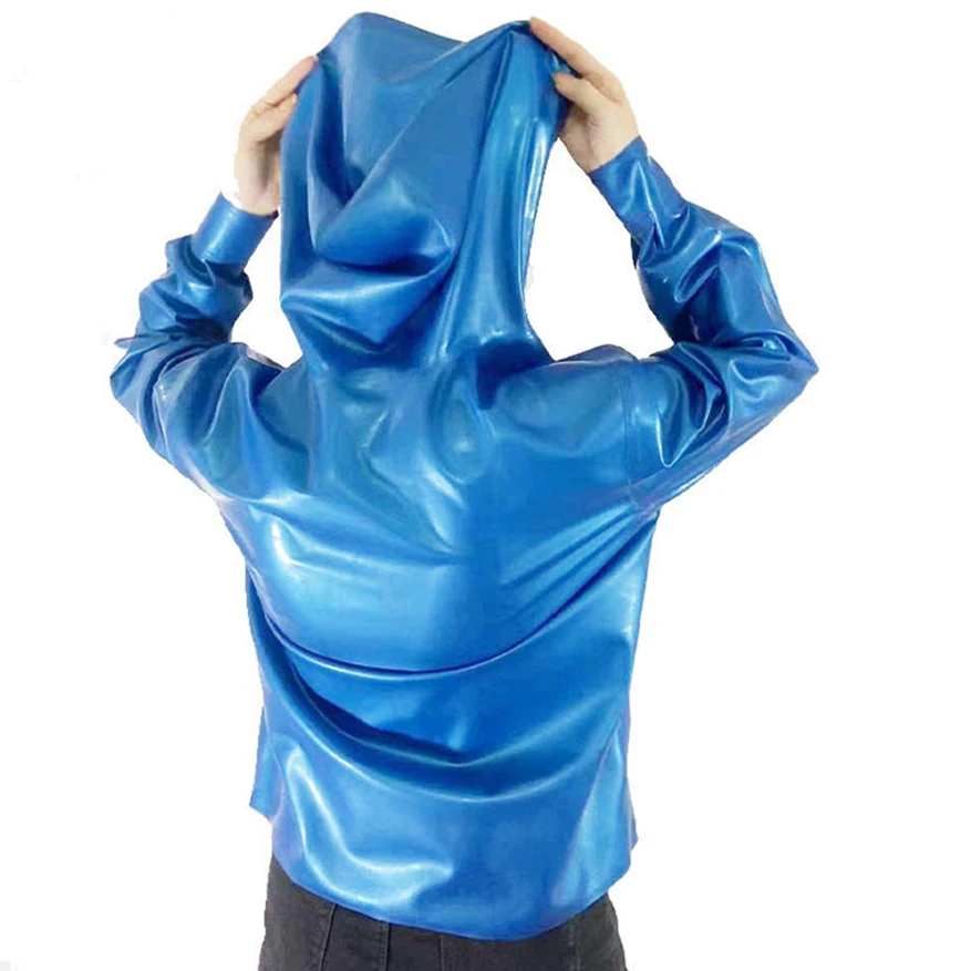 Sexy Latex Gummi Women Men Hoodies Jacket Suit with Cap Metallic Blue Rubber Sport Shirt Handmade Clothing S-LSM060