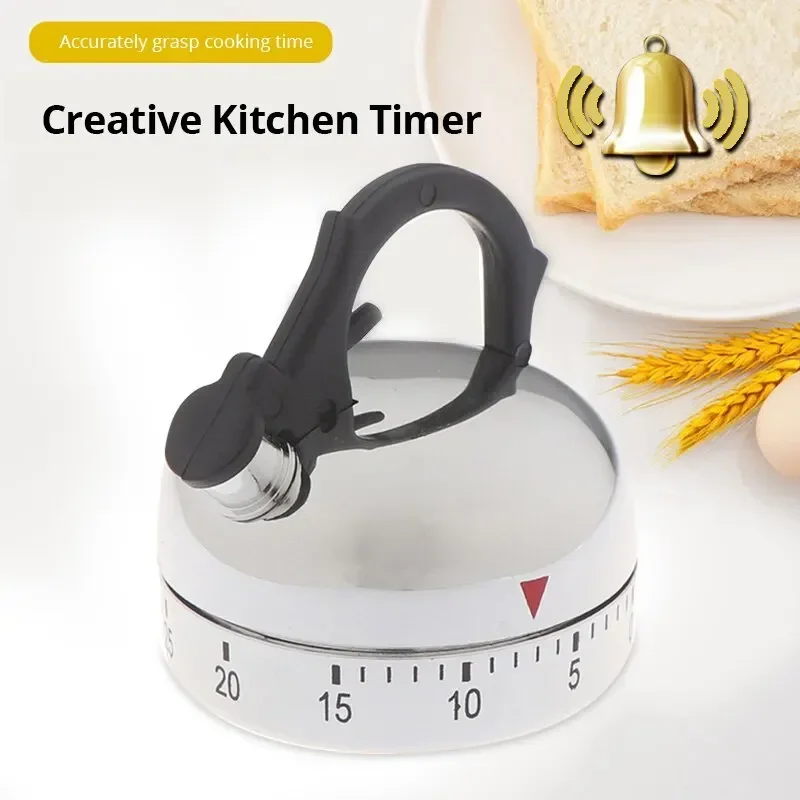 1pc White Kitchen Timer Alarm Mechanical Kettle Shaped Timer Clock Counting 60 Minutes Cuisine Kettle Styling Clockwork Timer