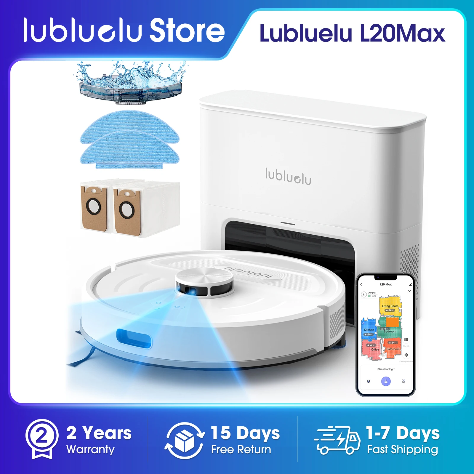 Lubluelu L20Max Esfregona a vácuo robô 3 em 1 com esvaziamento automático - 6000Pa de sucção LiDAR Navegação grande saco de pó mãos livres 120 minutos de tempo de execução