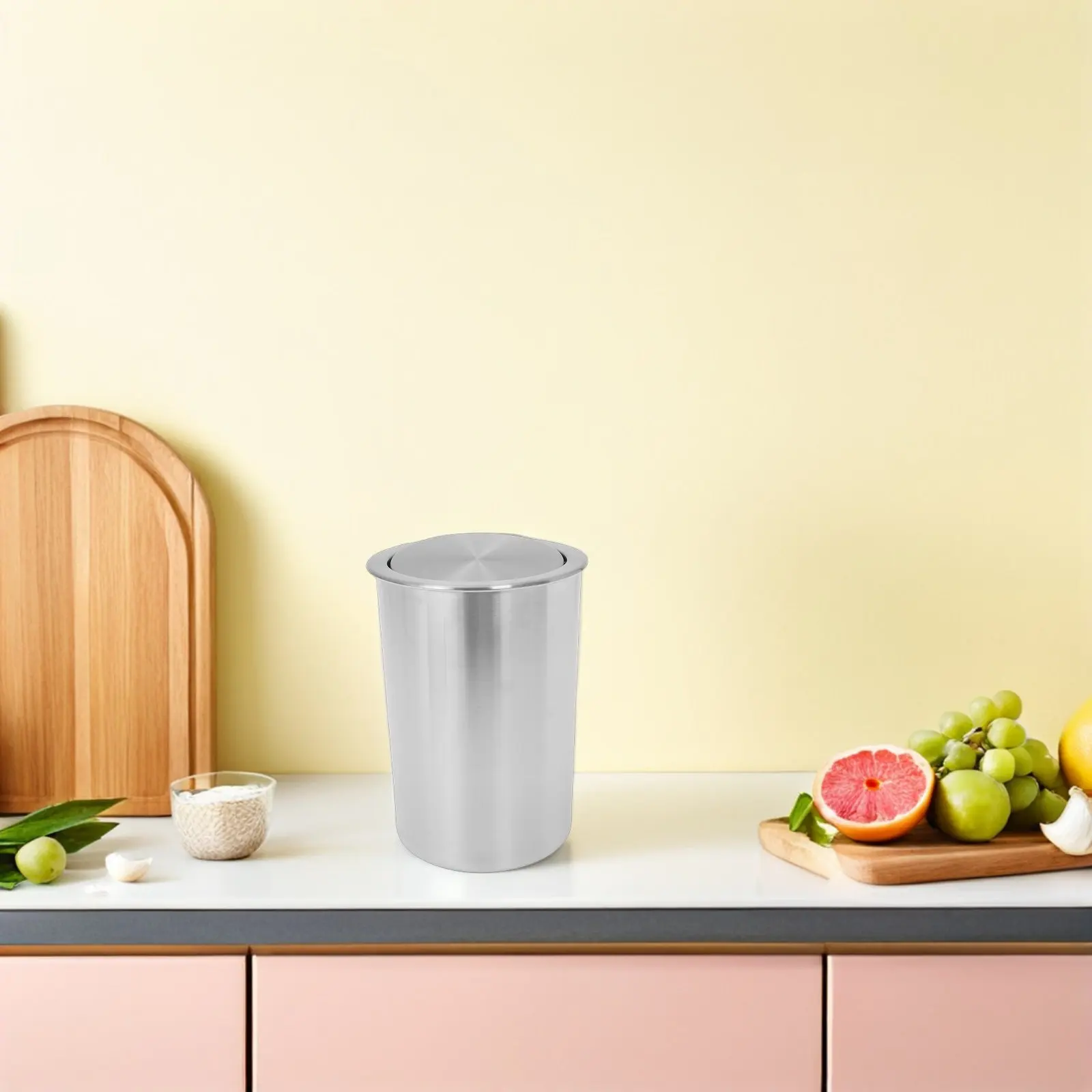 

1Set Embedded Stainless Steel Trash Can Countertop Built-in Wastebasket Swing Lid Bathroom Garbage Can