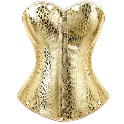 Women Faux Leather Corset Sexy Clubwear Bustier Hot Lingerie Zipper Overbust Corselet Top Plus Size Vintage Style Silver Gold