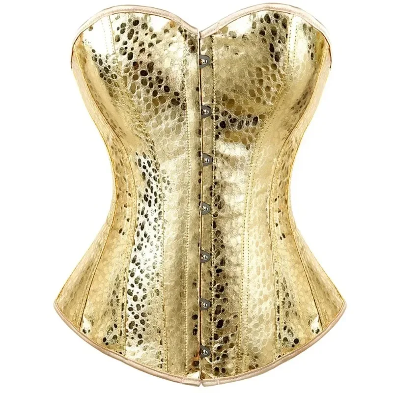 Damski gorset ze sztucznej skóry seksowna odzież klubowa gorset gorąca bielizna zamek gorsetowy gorset Top Plus rozmiar styl Vintage srebrne złoto
