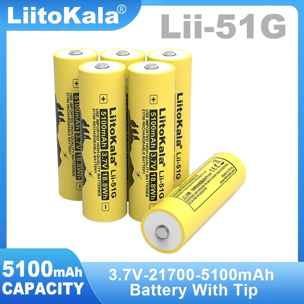 LiitoKala Lii-51G 21700 3.7V 5100mAh High-capacity Lithium ion Battery DIY 24v 36v 48v 60v Rechargeable batteries +Pointed tip