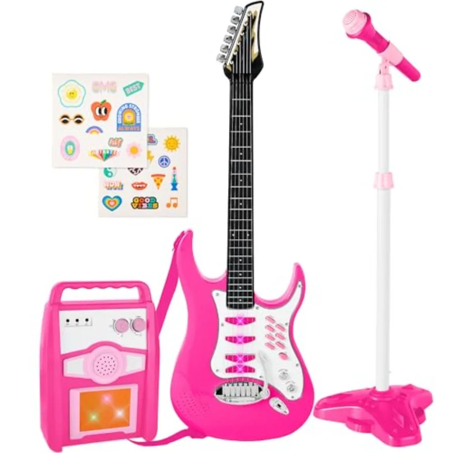 

Electric Musical Guitar Play Set Toy Starter Kit with Pink Guitar Whammy Bar Microphone Amp AUX 6 Demo Songs 2 Sticker Sheets I