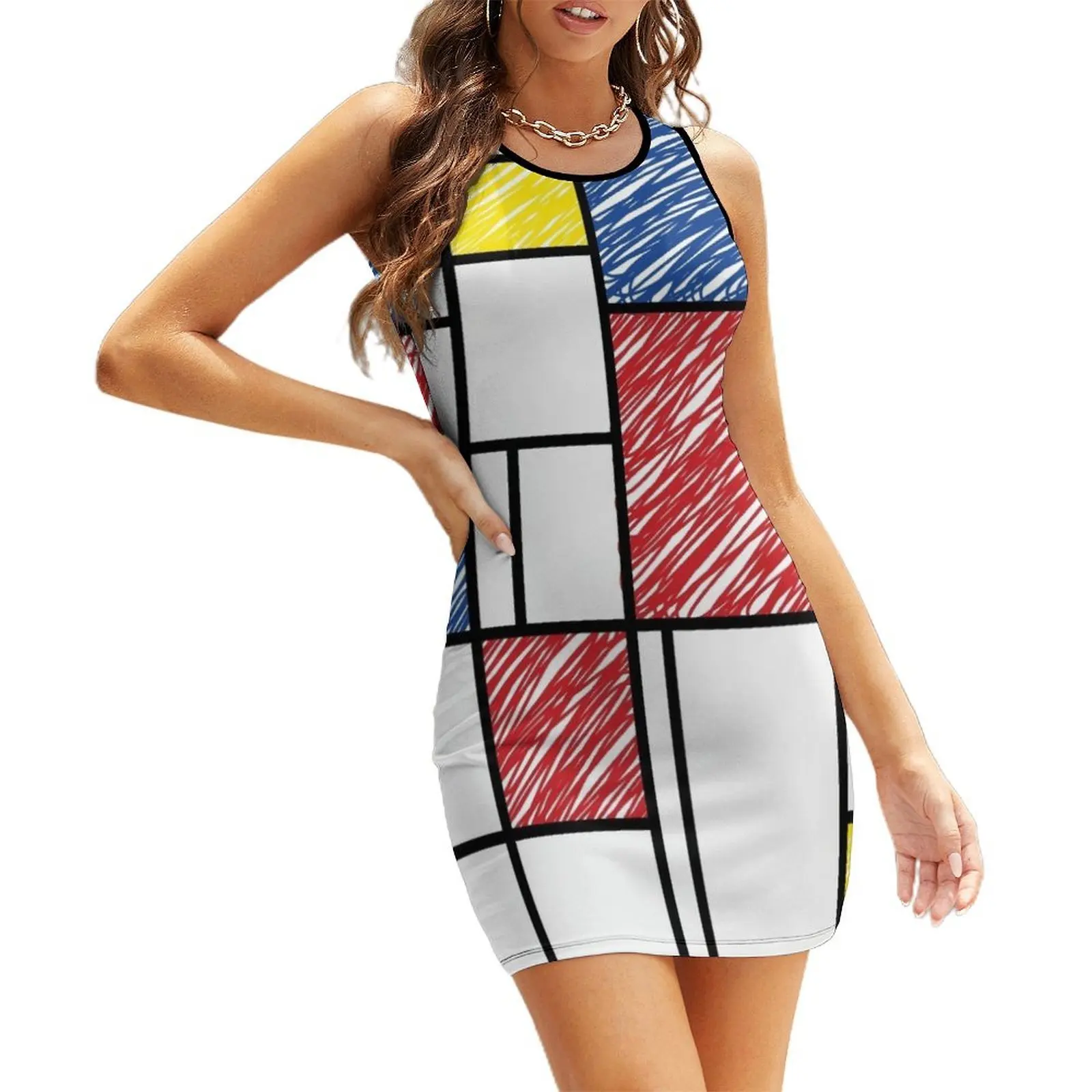 

Mondrian Scribbles Minimalist De Stijl Modern Art  fatfatin Sleeveless Sundress Dress women