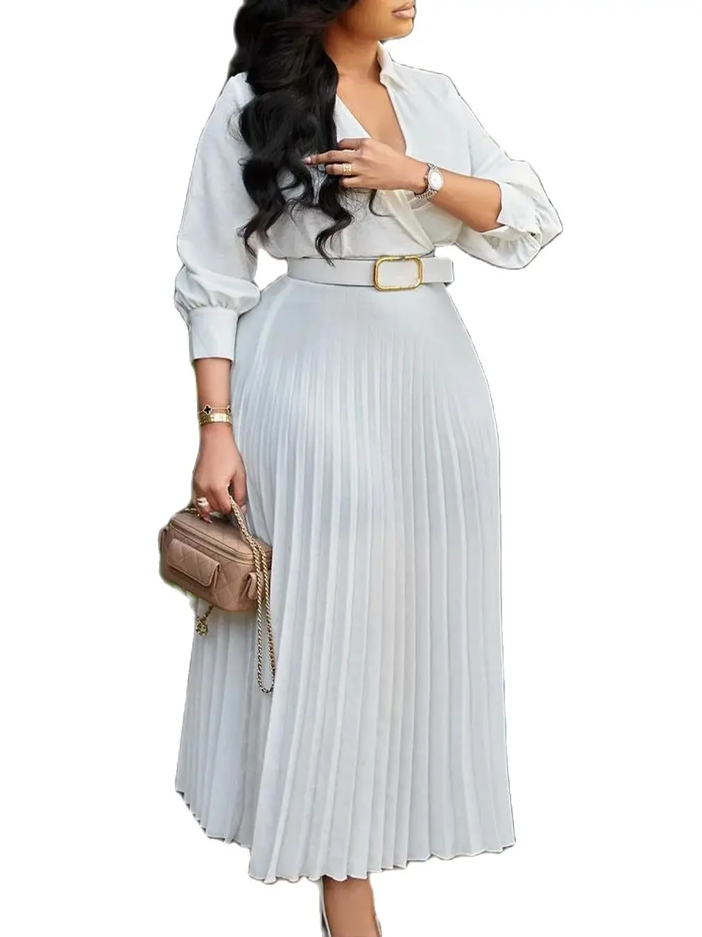 2024 Spring With Belt Trendy Dresses Women Lady Elegant Solid Color Long sleeve V-neck Pleated Dress Elegant Casual Dresses