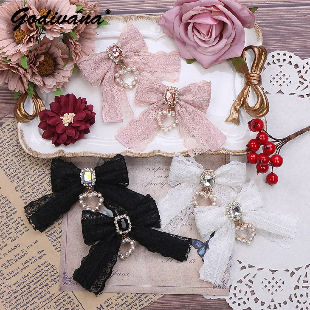 Lolita Barrettes Sweet Lace Bow Love Pearl Pendant Female Side Clips Cute Rhinestone Bow Hairpin Japanese Girl Hair  Accessories