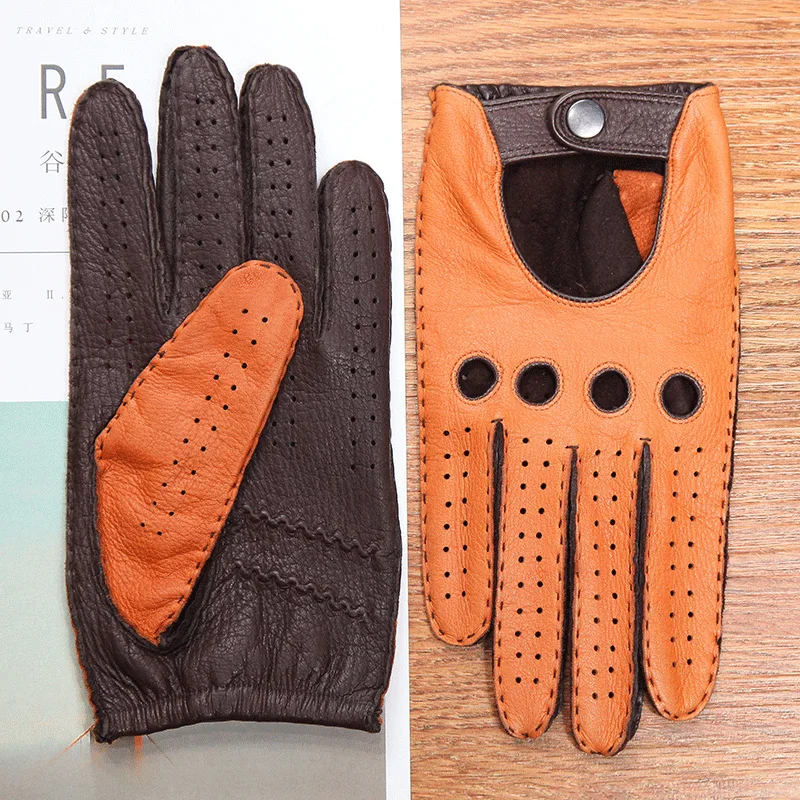 Anti-Slip Real Leather Men Gloves Driving Breathable Unlined High Quality Deerskin Gloves Male Full Fingers D0133