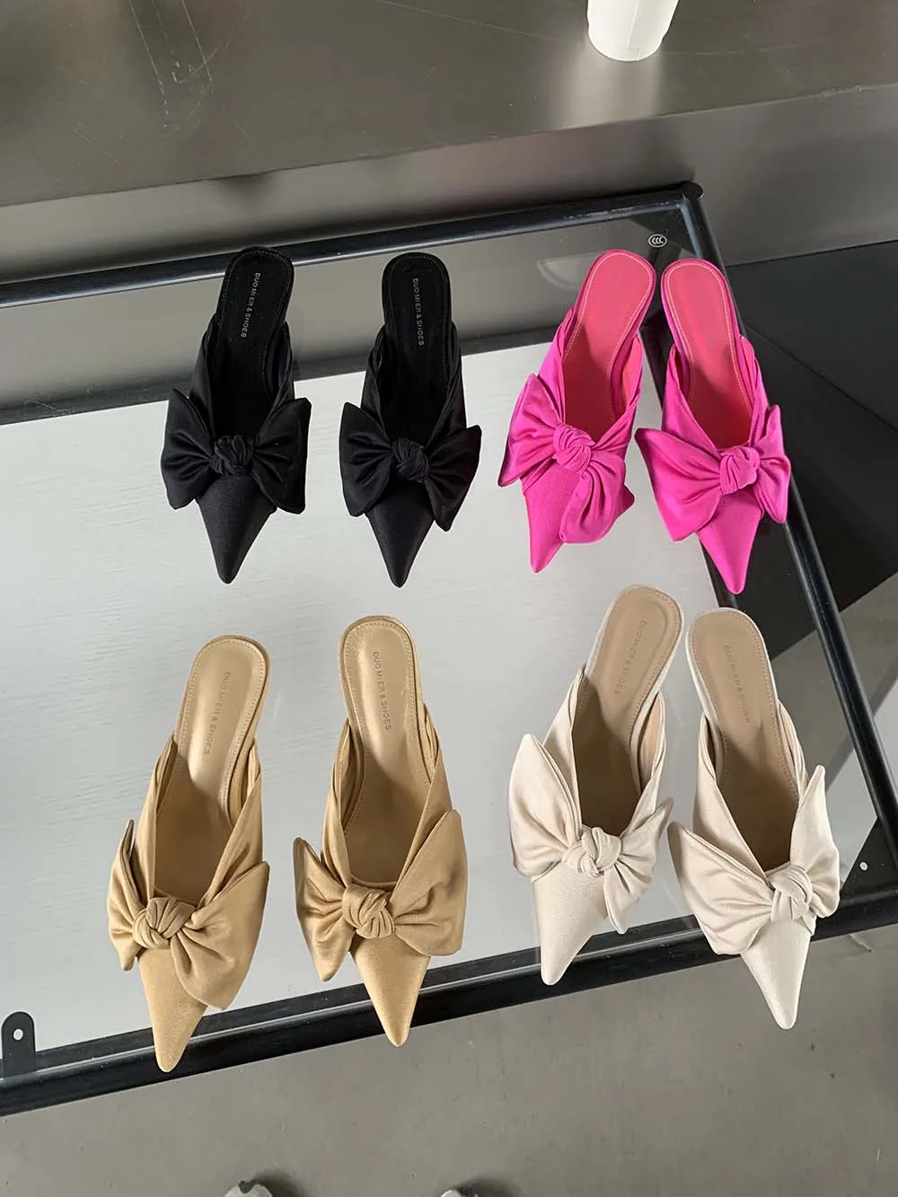 Pointed Toe Women Slippers Summer Outside Mules Shoes Low Heeled Bow Deisgn Black Rose Beige Khaki Casual Mules Loafers 35-39