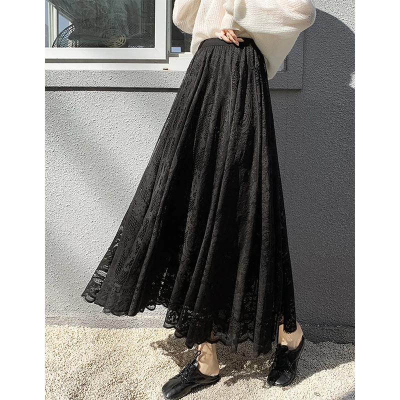 Elegant Lace Mesh Midi Skirt Women Fashion White Tulle Pleated Skirts Summer Streetwear Korean High Waist Black A Line Skirt New