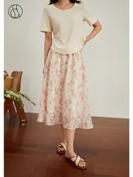 DUSHU French Gentle High Waist A-LINE Two-Color Umbrella Skirts Summer Thin Women Long Skirts Mid-Calf Chiffon Female Skirts