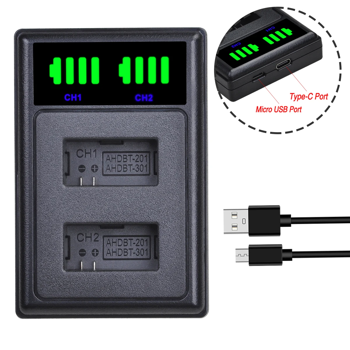 1600mAh AHDBT-301 302 Battery+LED USB Charger for GoPro Hero3+Go Pro hero 3 hero 3 Black Edition White Silver Edition HD Cameras