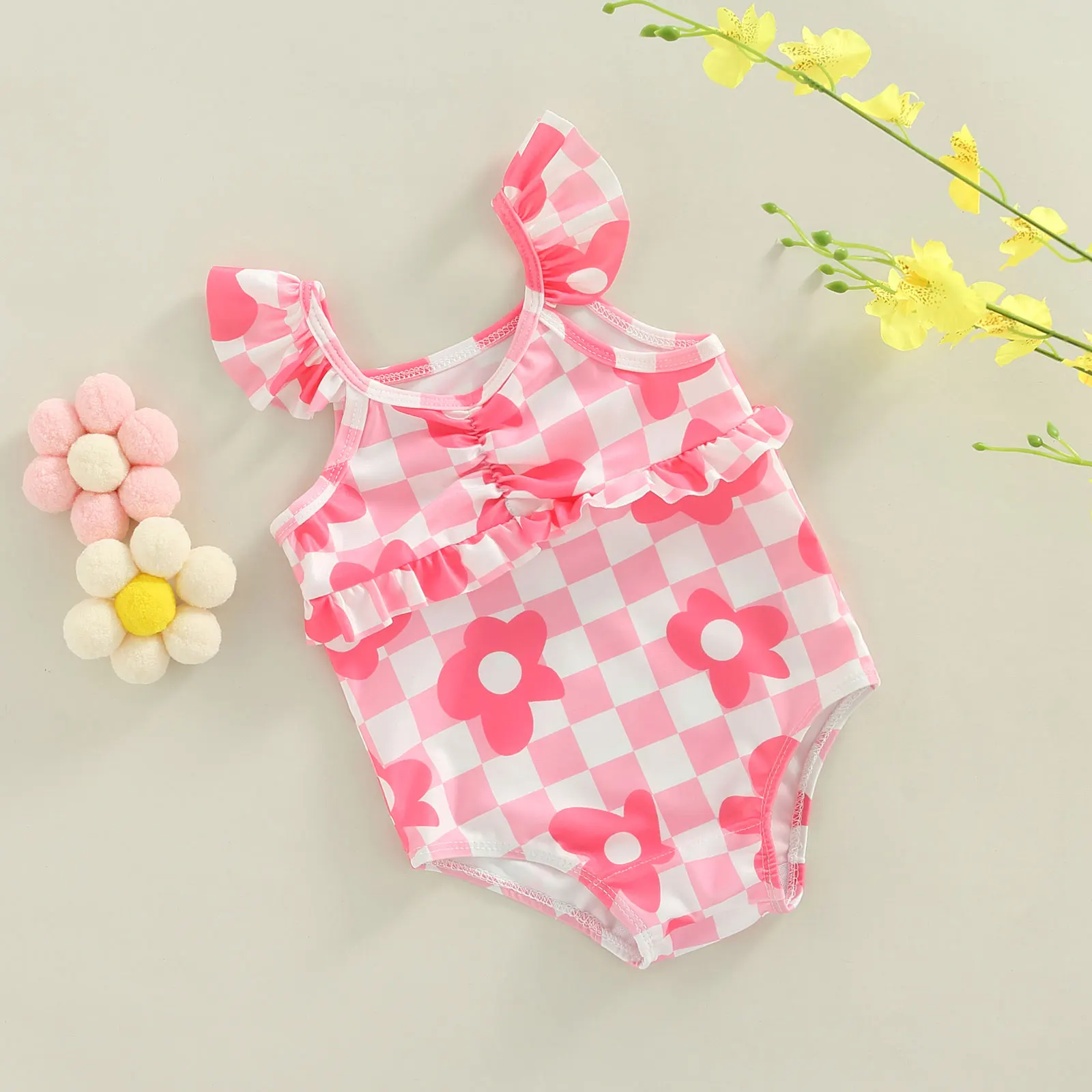 

Summer Toddler Baby Girl Swimsuits Floral Plaid Print Fly Sleeve Jumpsuit Swimwear Beachwear Bathing Suit