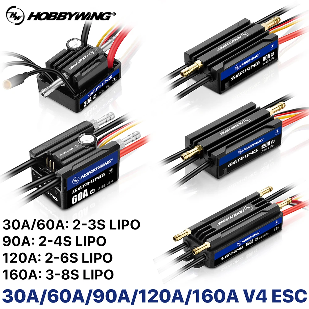 

HOBBYWING Seaking Brushless ESC Boat Sensorless ESC 30A 60A 90A 120A 160A V4 Series IP67 Waterpoof Built-in BEC For RC Model