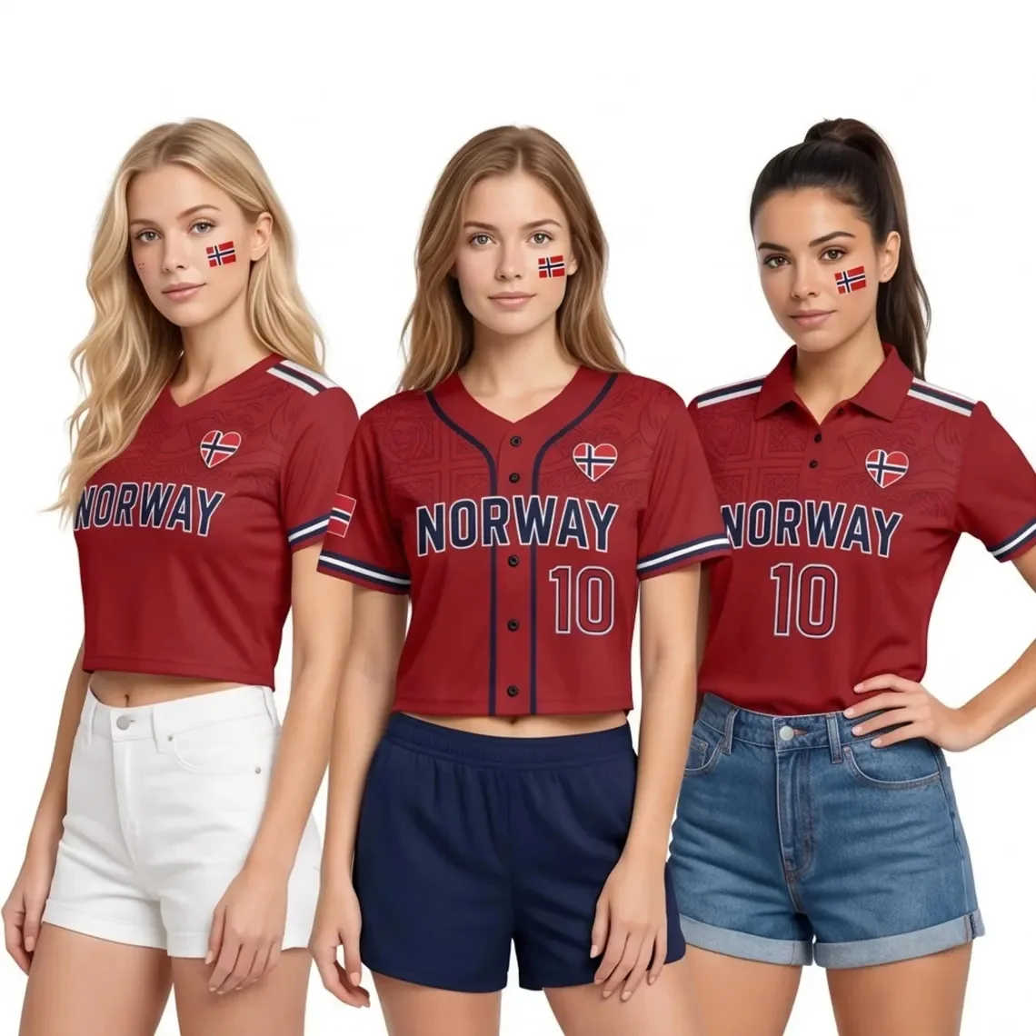 Norway Women's Crop Top Baseball Jersey Mesh Crop Top, Women's Polo Shirt Set, Country Flag Fan Outfit for Game Day Supporters