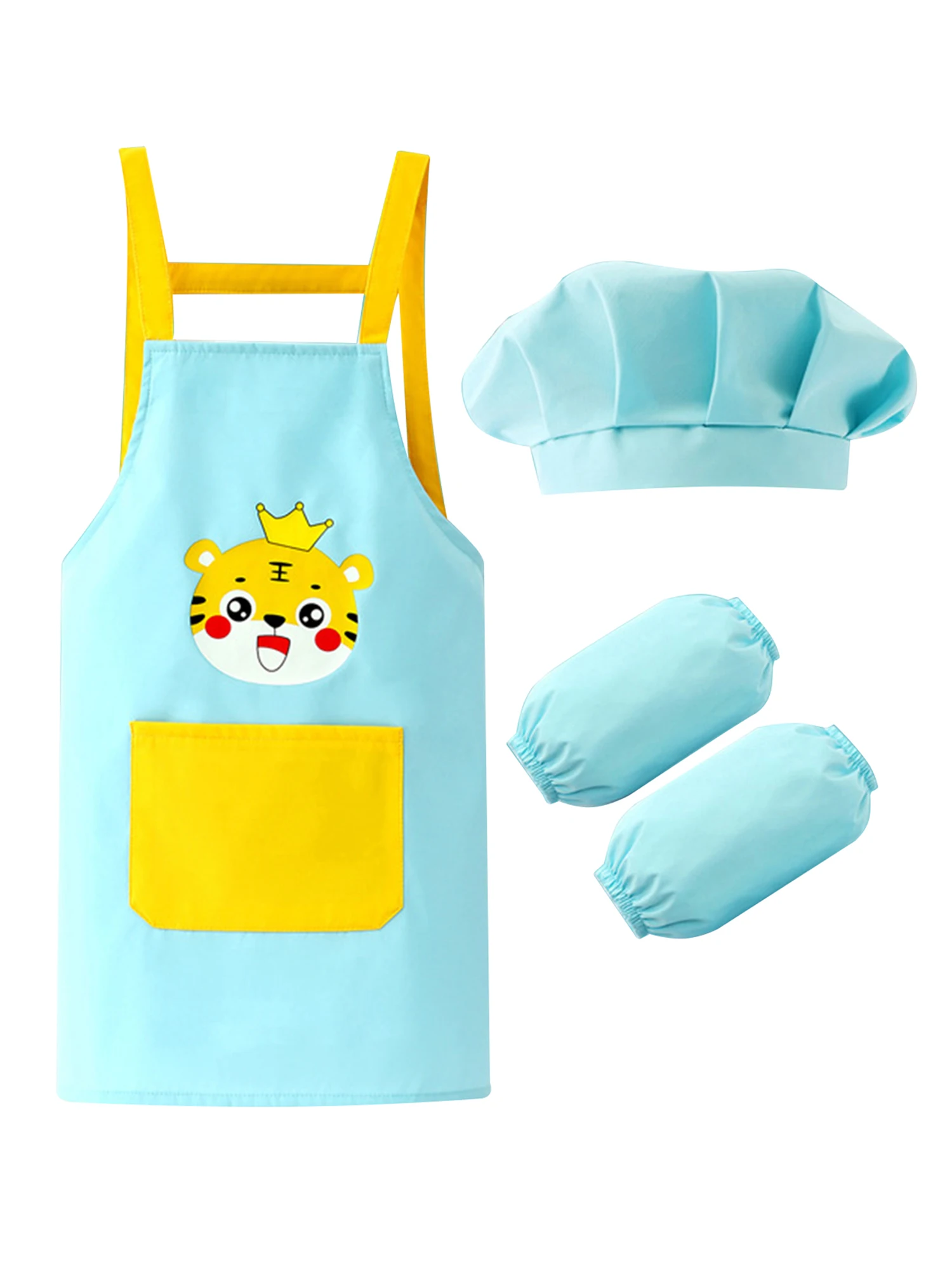 Kids Boys Girls Waterproof Apron Painter Chef Cosplay Costume Prop Cooking Baking Eating Drawing Cover Bib with Hat Arm Sleeve