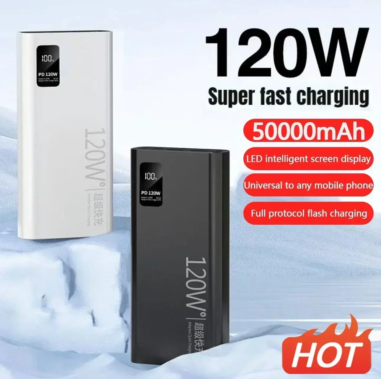 50000 MAh Power Bank 120W Super Fast Charging 100% Sufficient Capacity Portable Battery Charger for IPhone Xiaomi Huawei Samsung