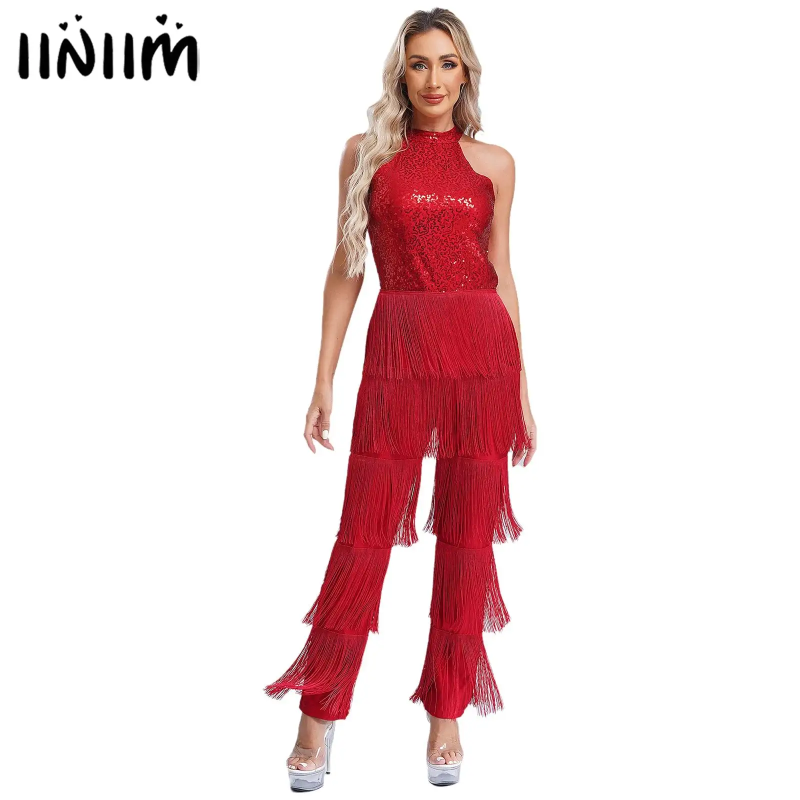 สตรีเซ็กซี่Sequinsฉัตรพู่Rompers HalterแขนกุดBackless Jumpsuit Clubwearบอดี้สูทCha-Cha Latin Jazz Danceเครื่องแต่งกาย