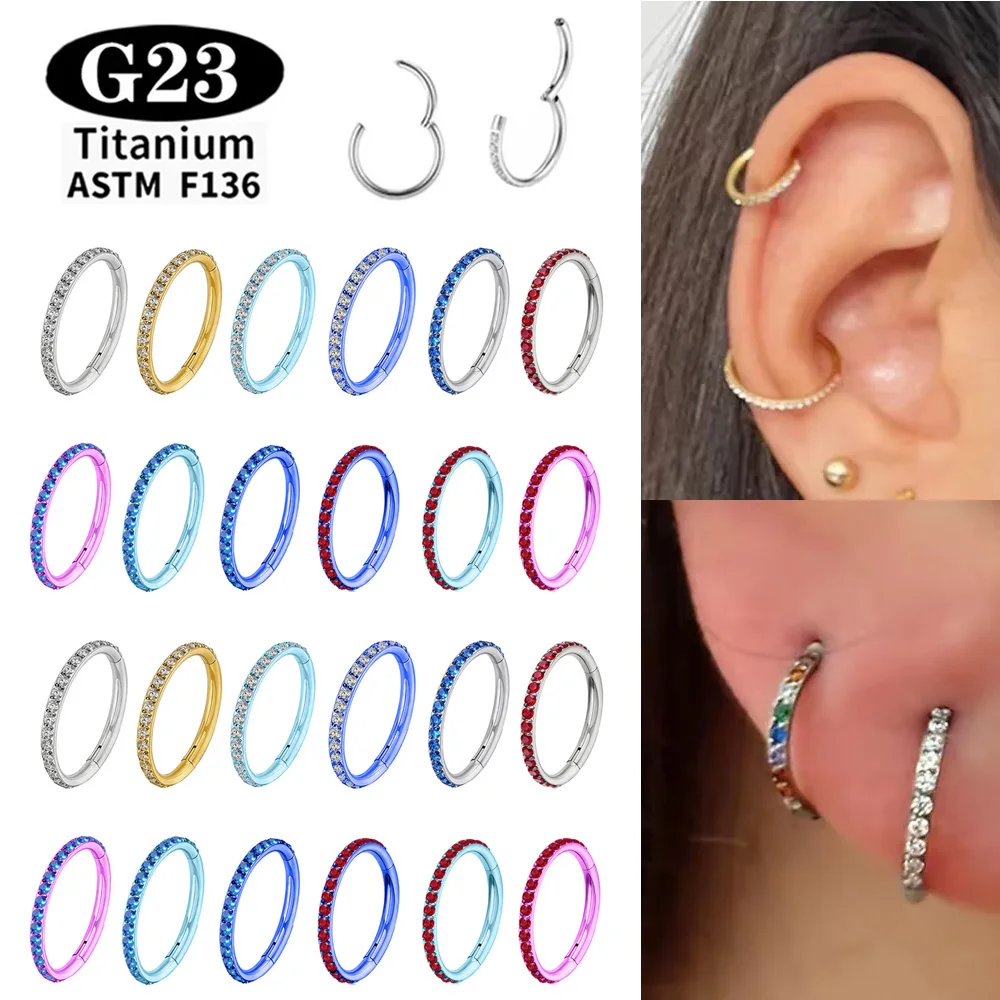 Implant Grade ASTM F136 Titanium Nose Ring Blue red zircon Anodizing Piercing Body Jewelry Hinge Clicker Open Diaphragm Tragus