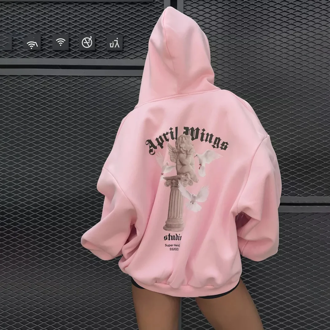 

Hip Hop Pink Baby Angel Printed Casual Sweatshirt Coat Zipper Up Long Cotton Hooded Vintage Woman Autumn Oversize Loose Hoodie