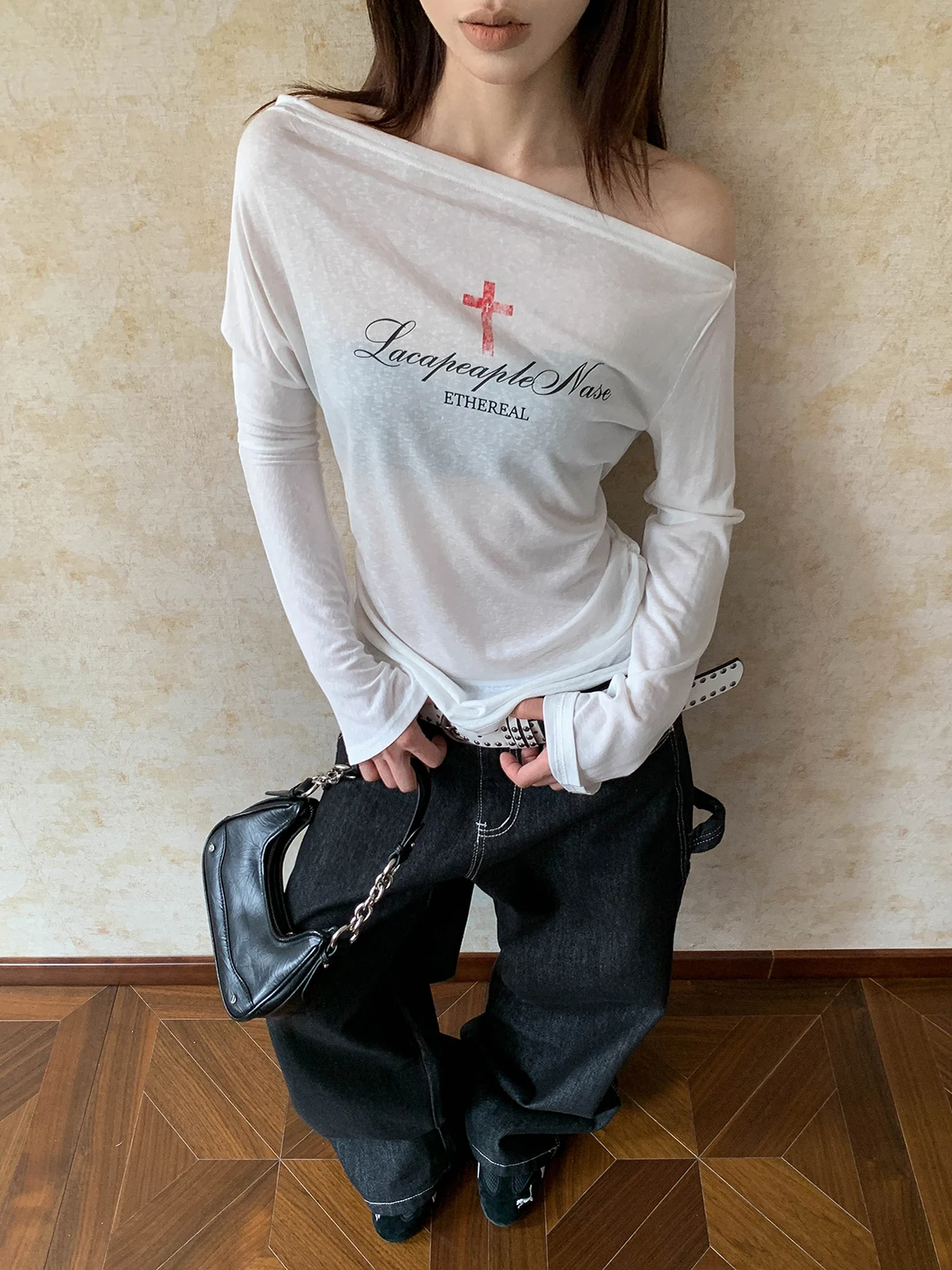 

Aket American Sle Double-Sided Wear Faintly Transparent oulder Bared Sun Protection Long Sve T-irt Women's Vintag...