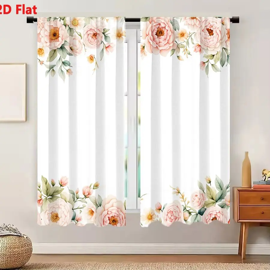 2Pcs Curtains Add 2D Flat Delicate Floral Border Design With Pink Peonies And Green Foliage On White Background Window Drapes fo