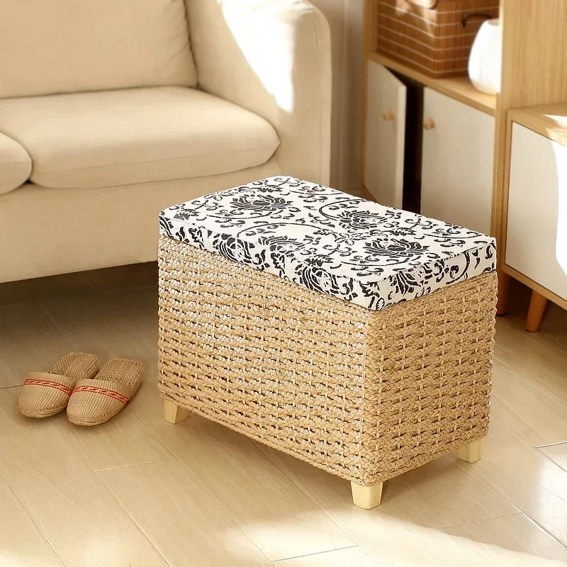 Furniture For Home Rattan Woven Solid Wood Shoe Changing Stool Storage Box Shoe Cabinet Box Storage Pouf Stool Scandinavian Styl