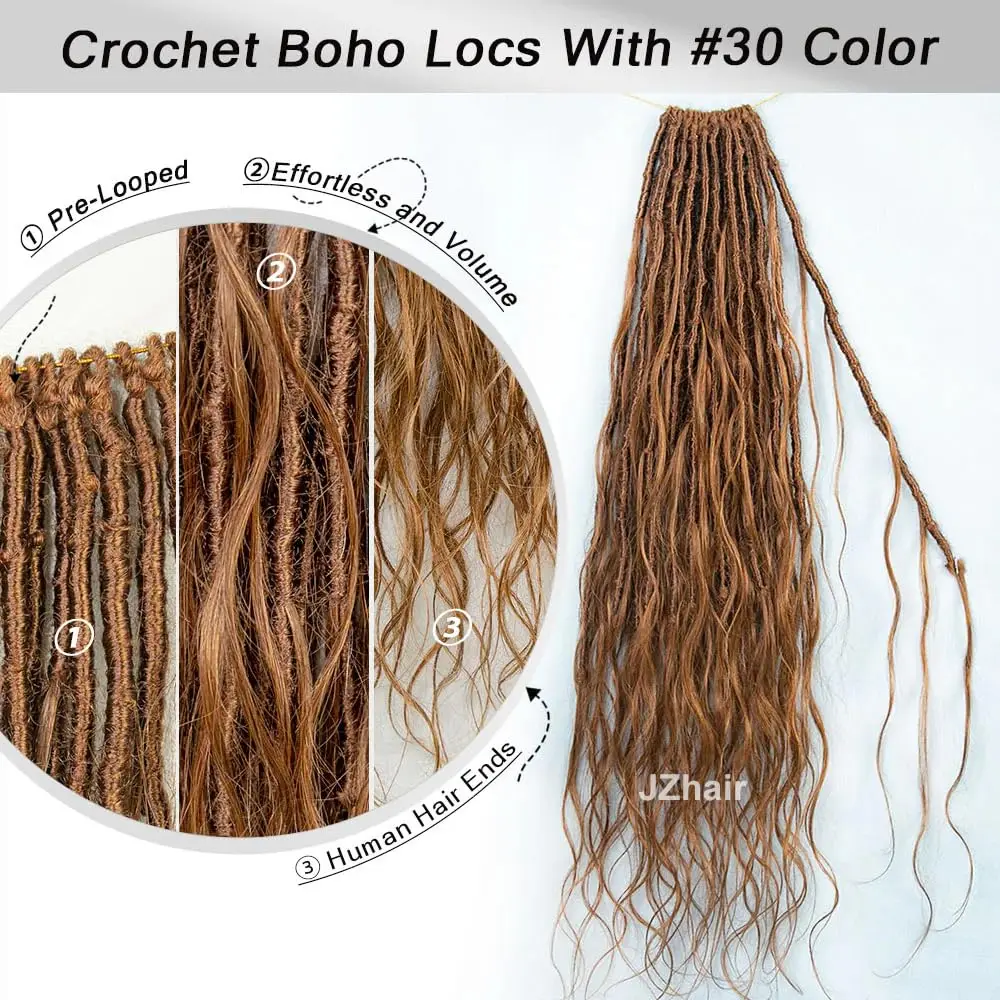 สี 30 โครเชต์ Boho Locs ผมมนุษย์ Body Wave Pre-looped Locs ผมโครเชต์ผมมนุษย์ Wave ปลายเต็มสําหรับผู้หญิง