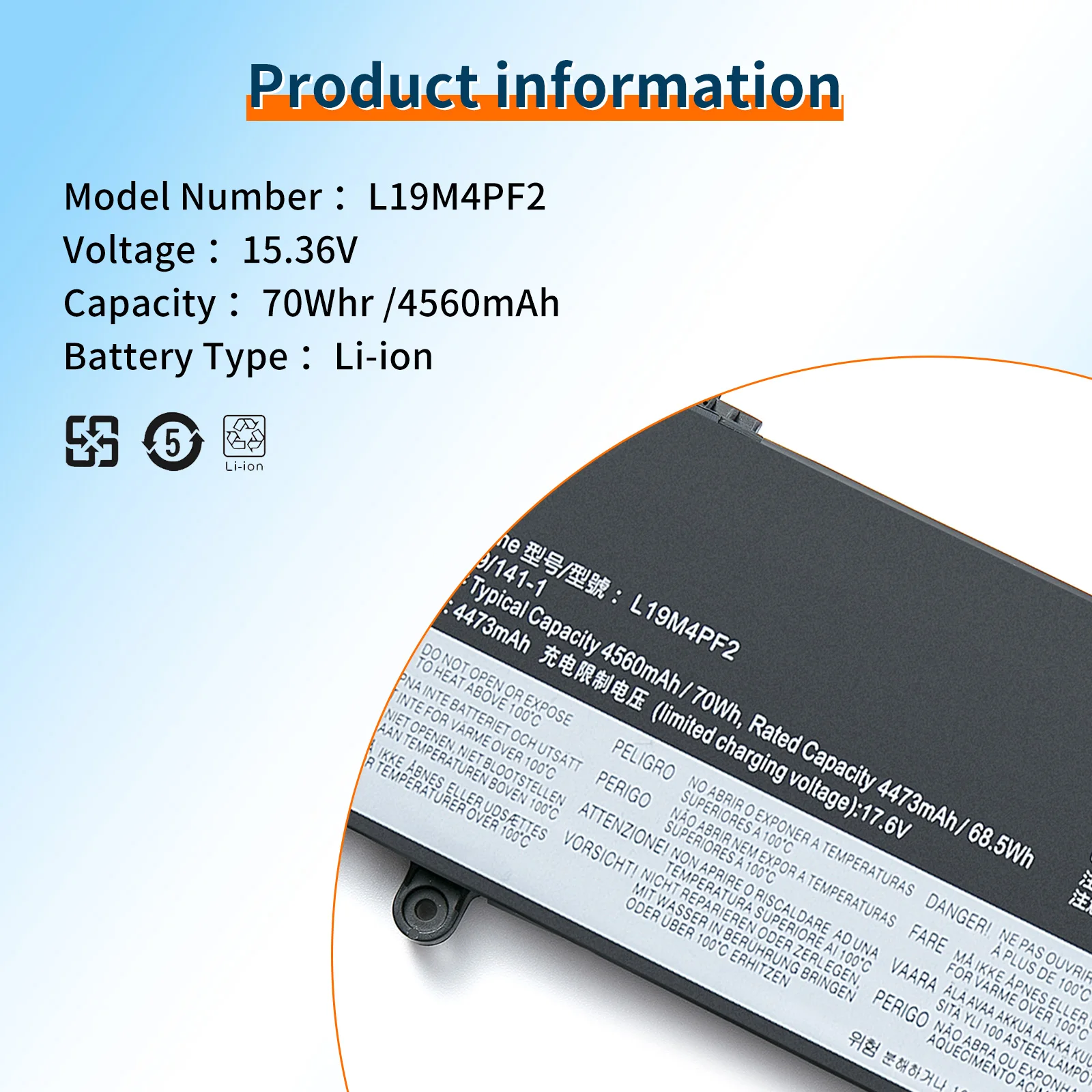 Bateria do portátil BVBH para Lenovo Yoga Series, L19C4PF2, 5B10X18187, L19M4PF2, SB10X1818189, SB10X18190, SB10X18190, 70Wh, 4560mAh, 7-15IMH05, S750-15 Series