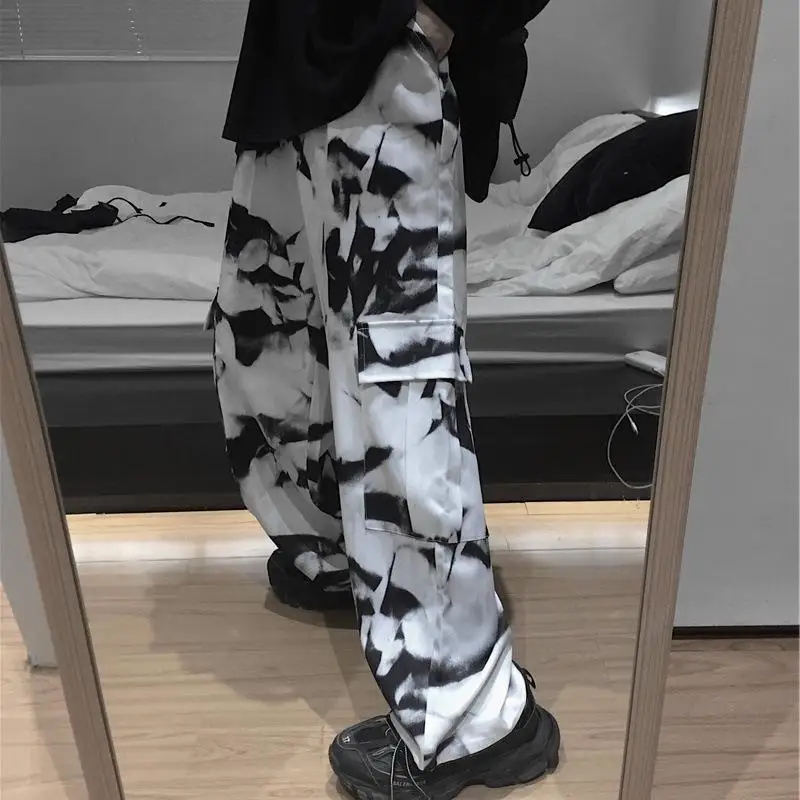 2023 calças tie dye harajuku streetwear perna larga mulheres calças de cintura alta punk oversize estética moda coreana y2k roupas