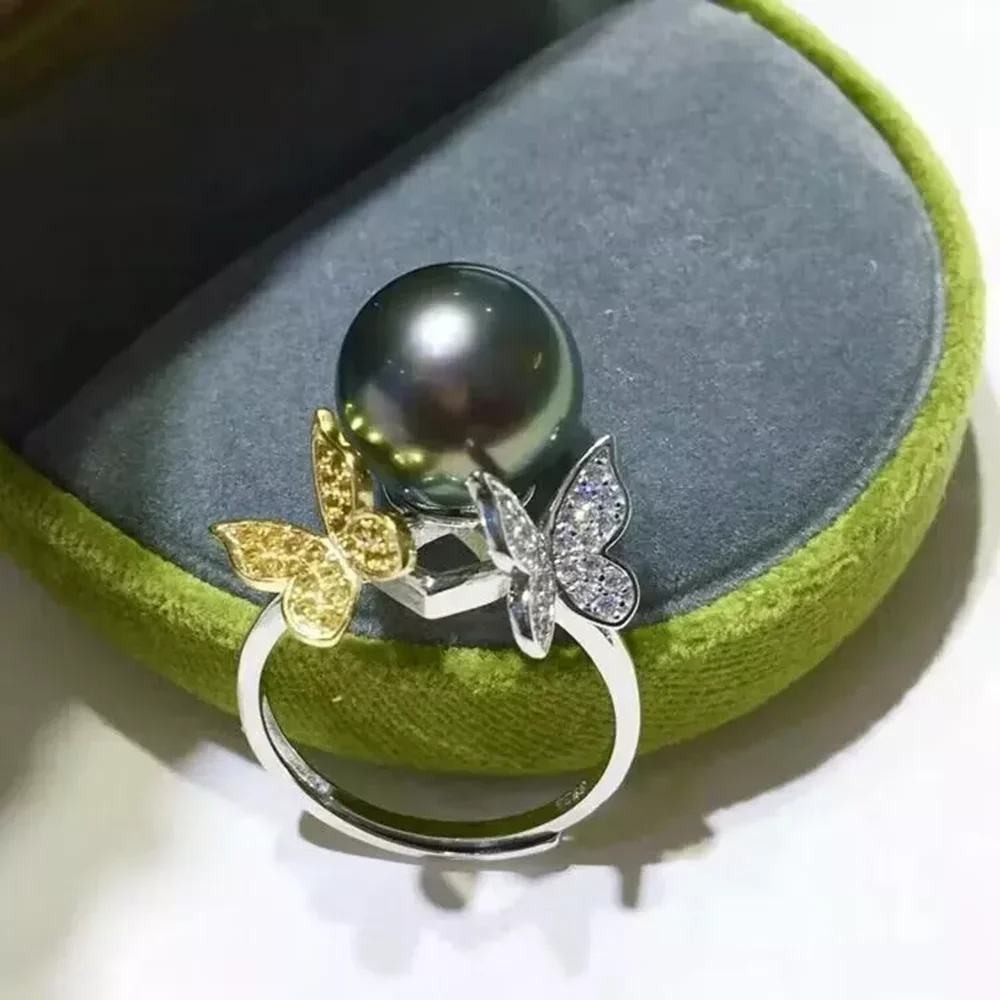 Gorgeous Extra Large AAA9-10mm 10-11 mm  South Sea Black Round Pearl Open Adjustable Ring 925s