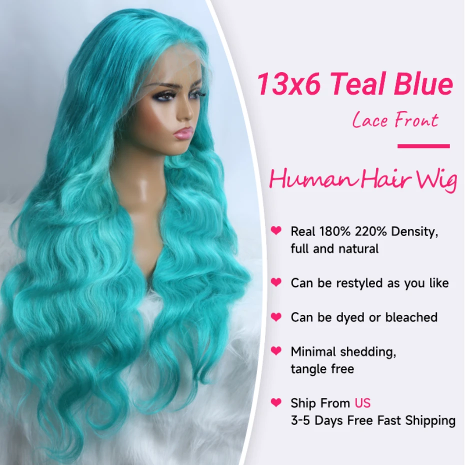 30 38 40 inch Teal Blue Colored Lace Front Human Hair Wigs Preplucked 13x6 Transparent Lace Frontal Wig Brazilian Turquoise Hair image 5