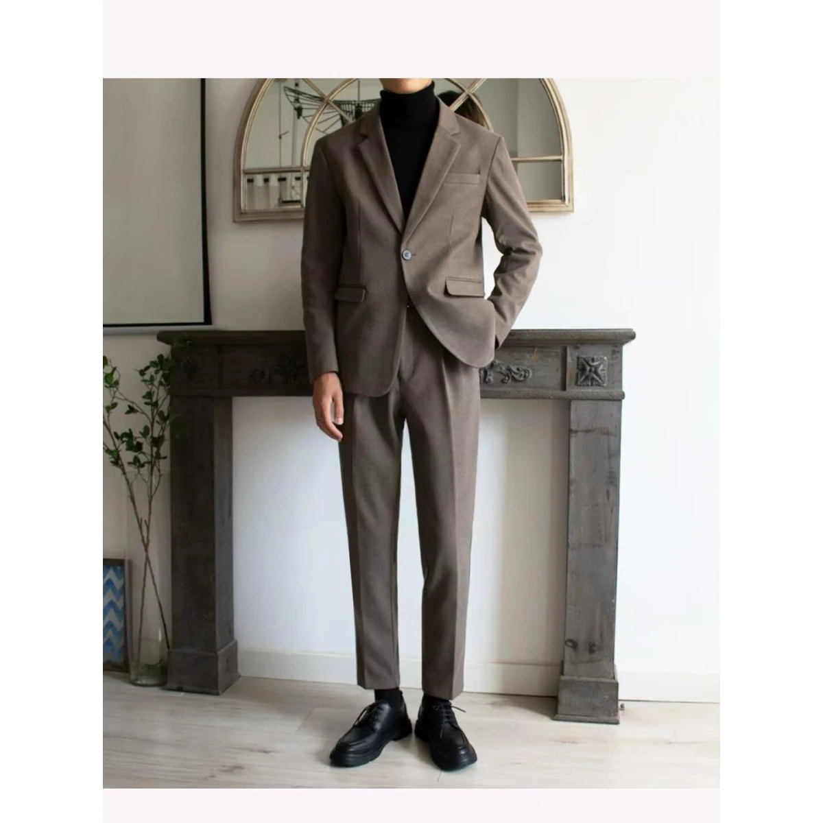 

Caramel Colored Men's Suit Set Casual Wedding Top Layered oulder Design Slim Fit Single-breasted Jaet Youth Trend