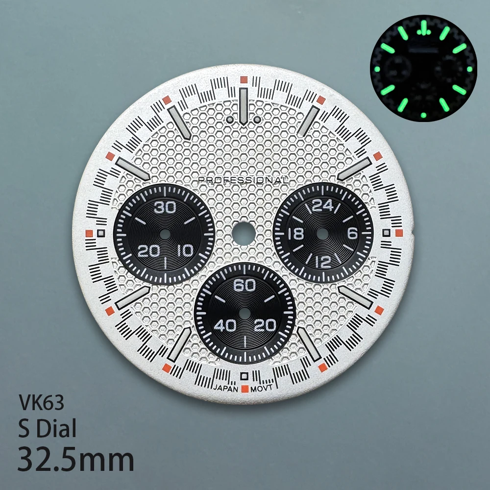 Quadrante professionale con logo S da 32,5 mm, adatto al movimento VK63, verde luminoso, accessori per la modifica dell'orologio di alta qualità