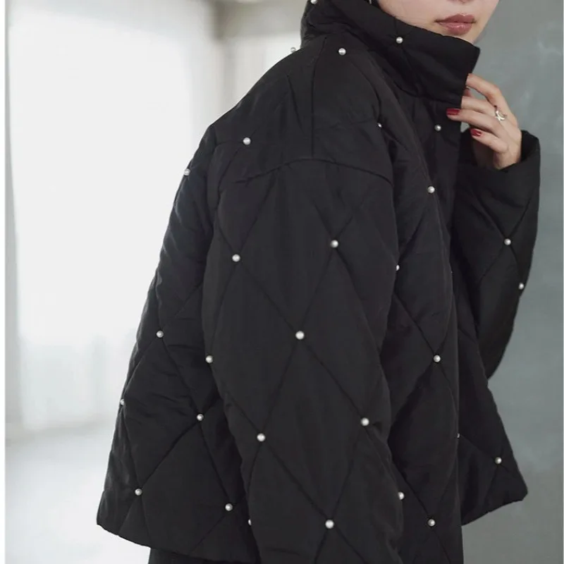 OCEANLOVE Autumn Winter Coats Women Solid Beading Japanese Style Warm Short Parkas Elegant Fashion Stand Collar Sweet Jackets