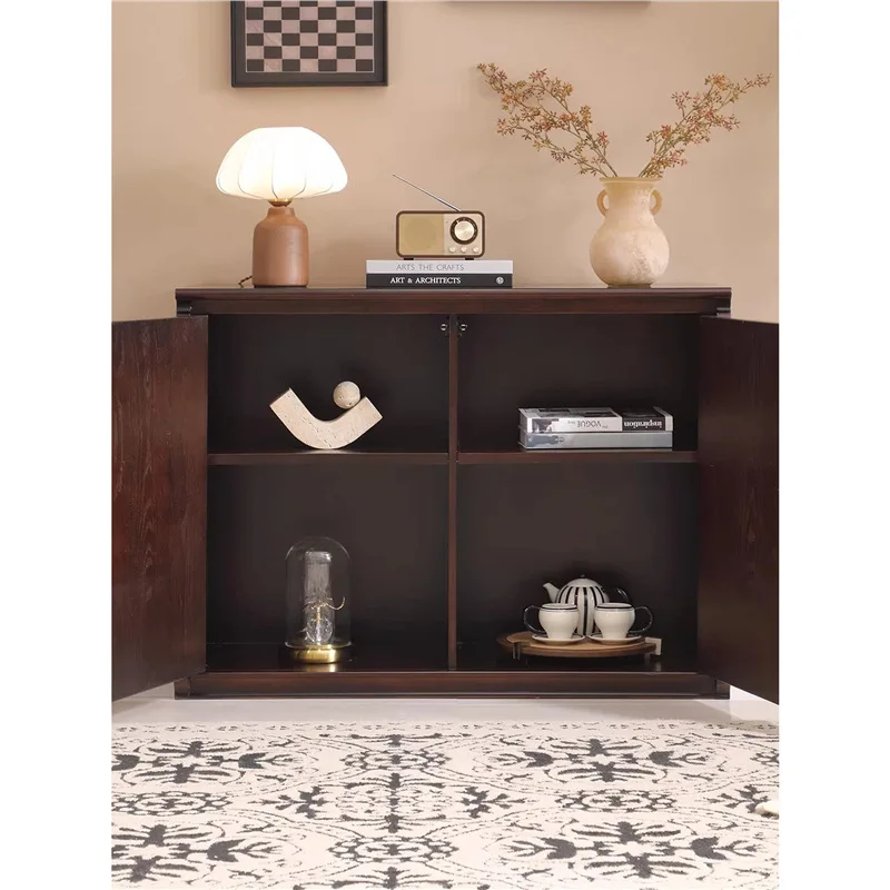 Mid-Century Solid Wood TV Cabinet, Living Room, Floor-to-ceiling Storage Cabinet, American Combination Storage Cabinet, Chocolat