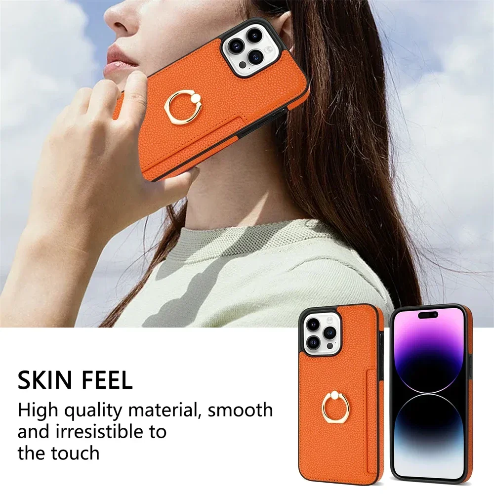 Card Solt Litchi Leather Wallet Case For iPhone 11 12 13 14 15 16 Pro Max 15 Plus Ring Holder Cover For iPhone 15 Pro Soft Cover