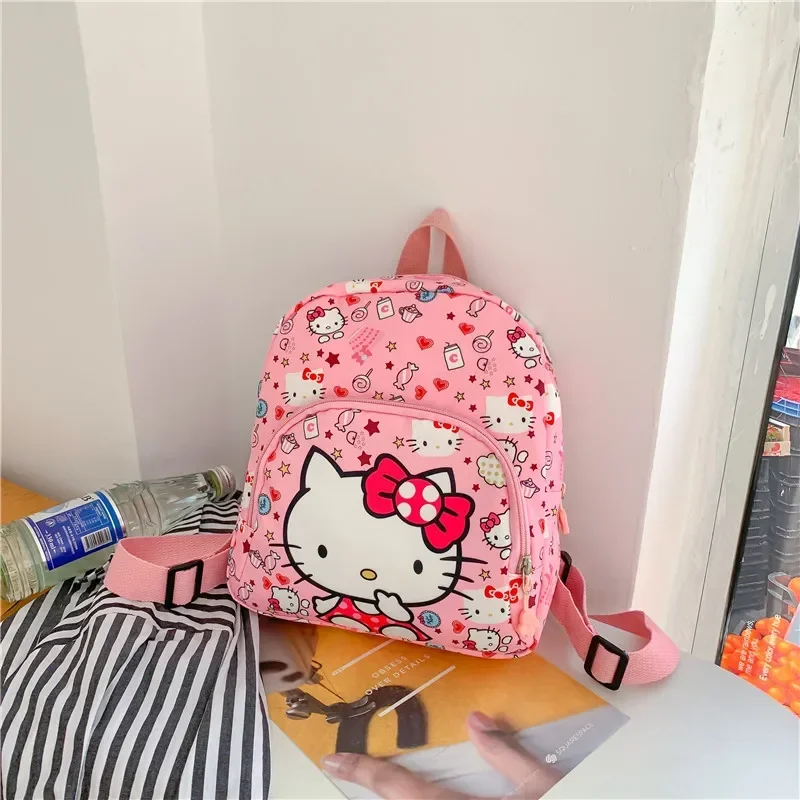 Mochila escolar de dibujos animados para niños, bolsa de lona para viajes al aire libre, Hello Kitty Kuromi Pink Bear Lotso