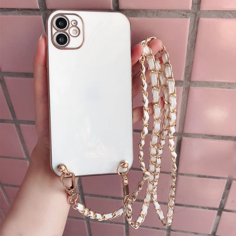 Crossbody Leather Lanyard Necklace Metal Chain Phone case for iPhone 15 14 13 11 12 Pro Max Mini 6 8 7 Plus Xr X Xs SE 202 Cover