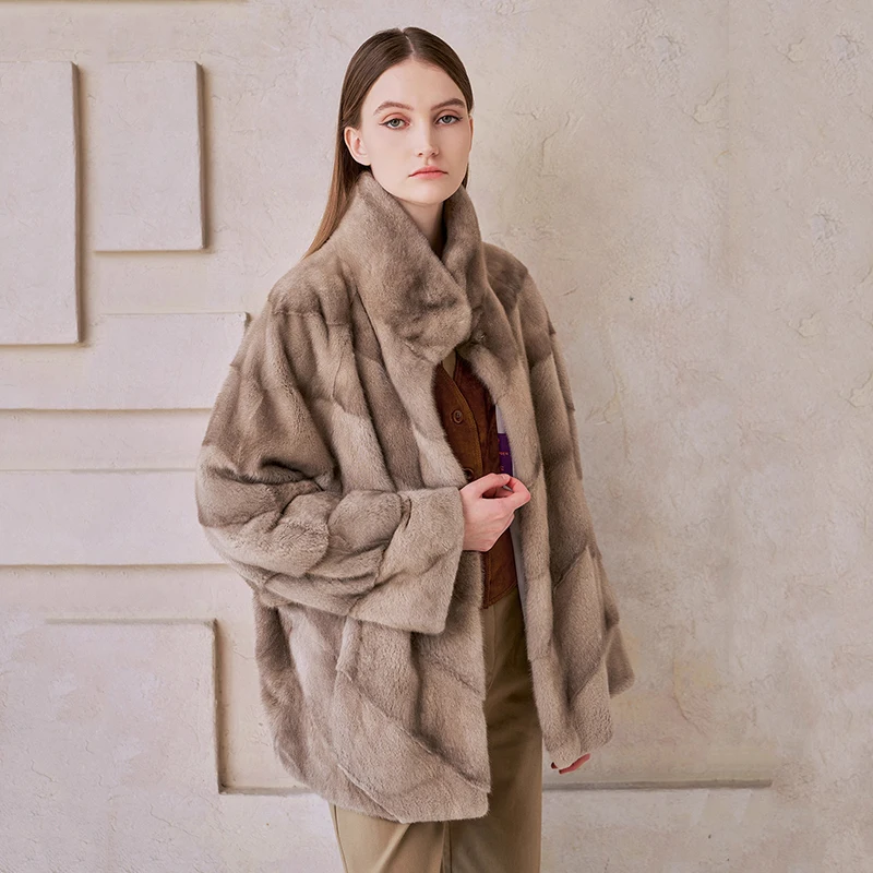 冬用輸入スワンベルベットミンクファーコート、マンダリンカラー、ミンクコート、女性用ソフトルーズショートナチュラルリアルミンクファーコート