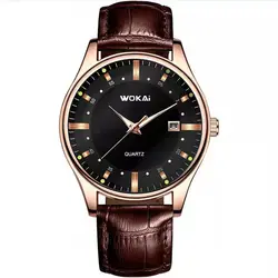 WOKAI high quality men's casual belt quartz watch Men's nightlight waterproof business waterproof fashion clock retro students