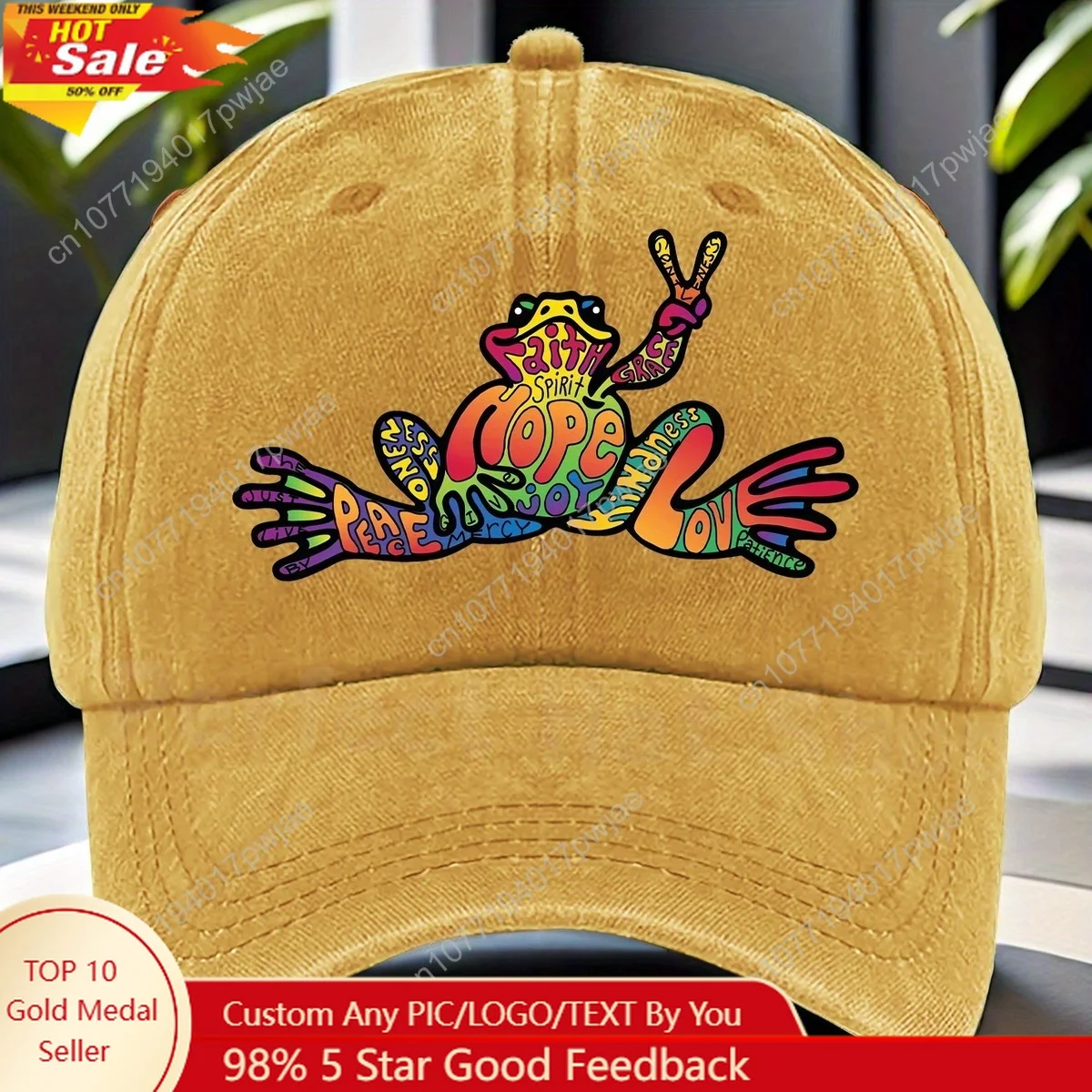 

Peaceful Frog "Hope" Baseball Cap - Adjustable, Breathable Polyester Vibrant Cartoon Design with Colorful Hands Peace Sign
