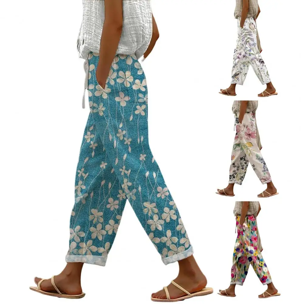 Women Casual Pants Elastic Waist Drawstring Harem Pants Digital Floral Print Beach Office Shopping Daily Long Trousers