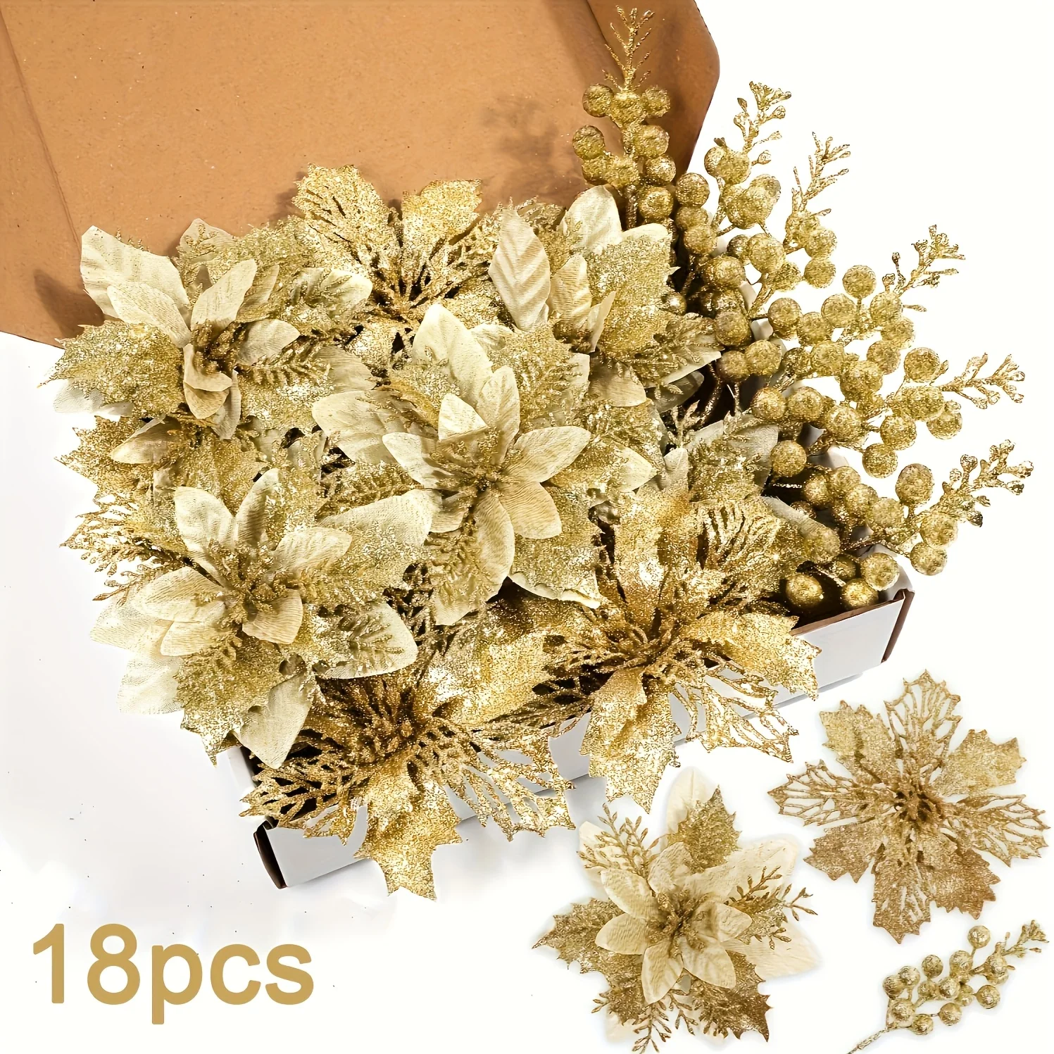

18pcs/sets Glitter Artificial Flowers Berry Bouquet Christmas Decoration Vase for Home Decor Fake Flowers Garland Accessories