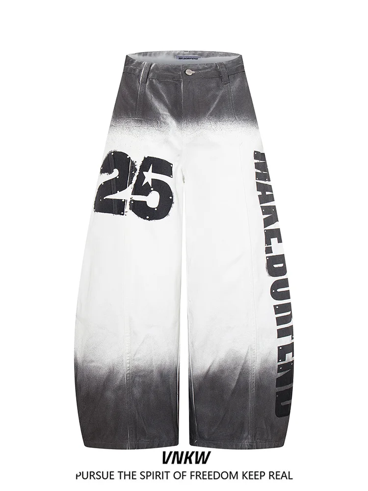 

American Retro adient Spray Paint Digital Print Jeans Loose Wide Leg for Men And Women Small ence Design Sensation Knif...