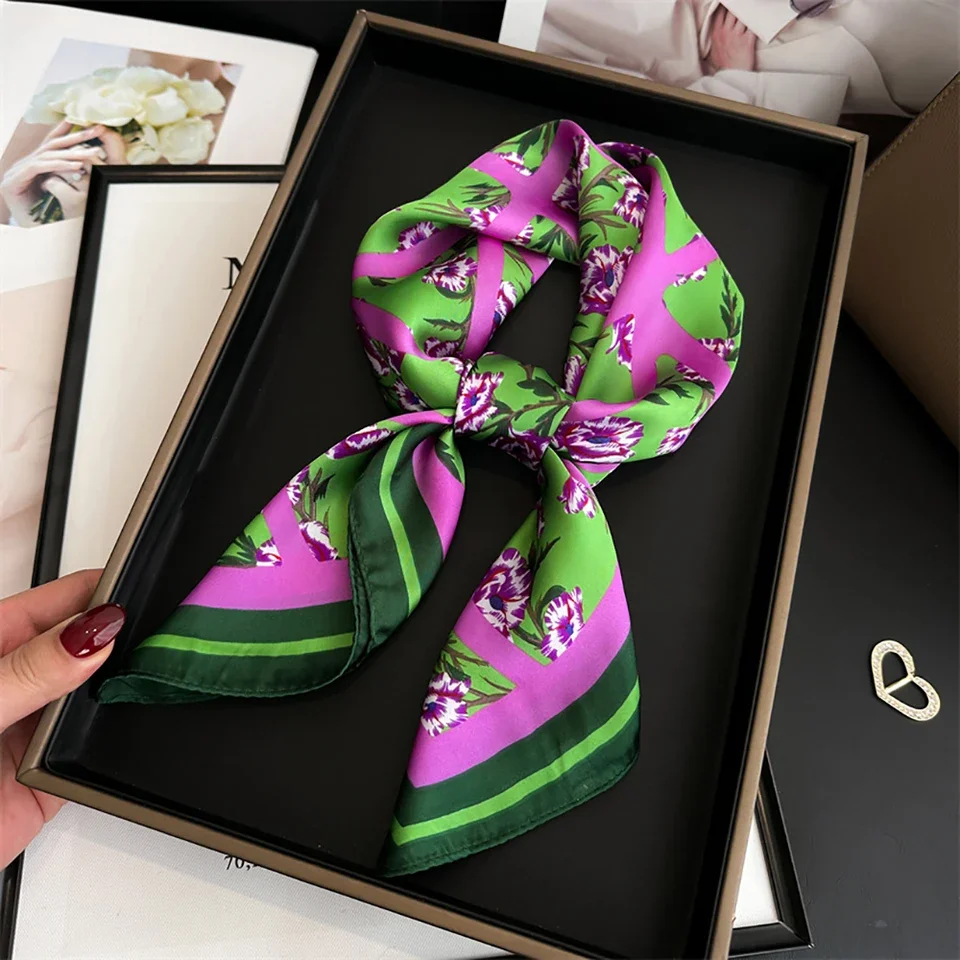 

27.5" Green Floral Printed Square Scarf Elegant Thin Satin Decorative Neck Scarf Spring Summer Sunscreen Windproof Headscarf