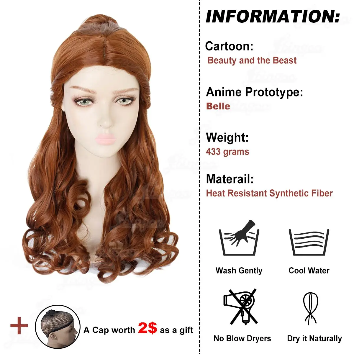 Ebingoo Synthetic Wig Beauty And the Beast Belle Cosplay Wig Clip Ponytai+Natural Brown Long Body Wave Wig for Halloween Costume