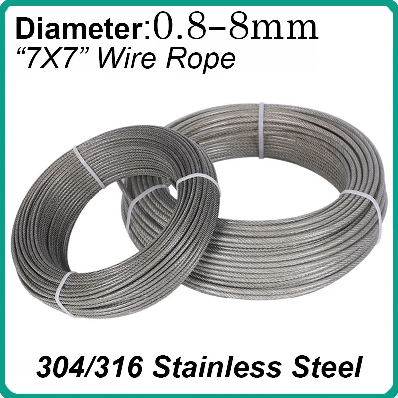 1Meter 7X7 Structure Dia 0.8-8mm 304/316 Stainless Steel Soft Wire Rope Soft Cable Clothesline Lifting Rustproof Line